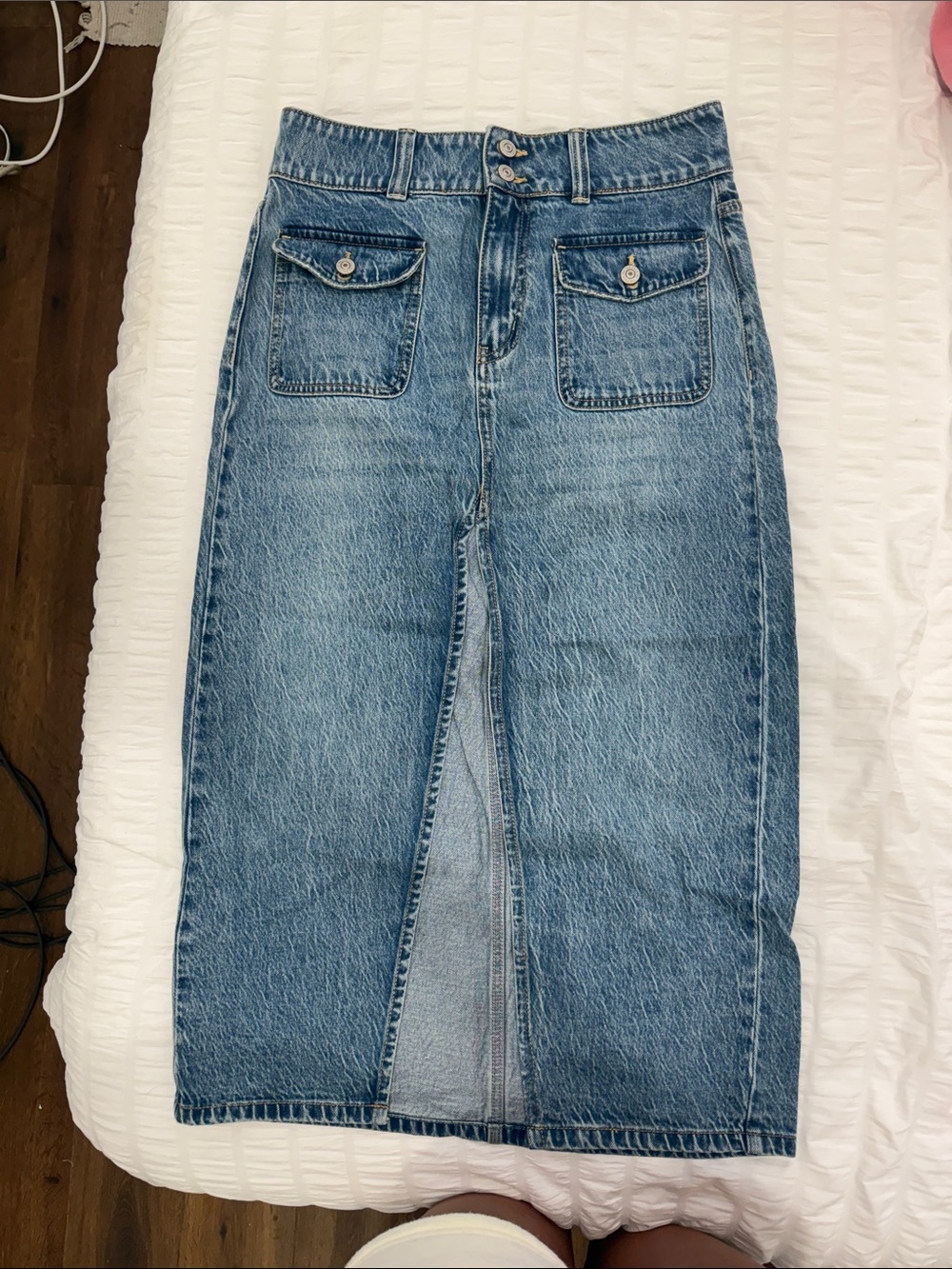Free People Light Wash Denim Midi Skirt with Front Slit